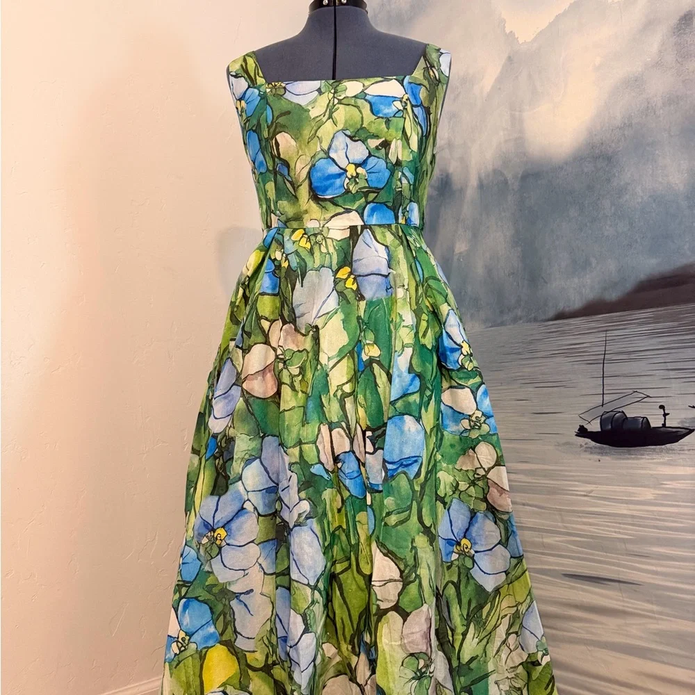 Linen Stained Glass Floral Pattern Elegant Dress #102 - Picture 2 of 7